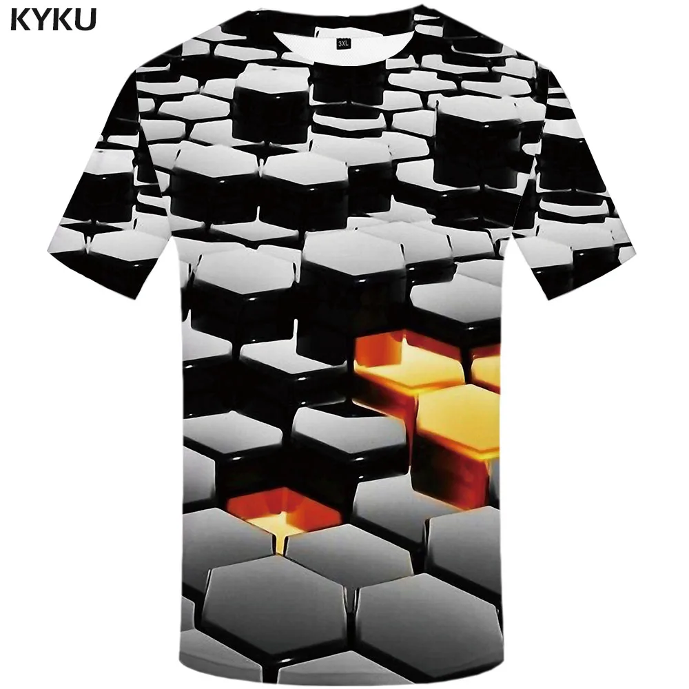 

KYKU Brand Psychedelic T shirt Men Geometric Funny T shirts Square Anime Clothes Black Shirt Print Harajuku T-shirts 3d