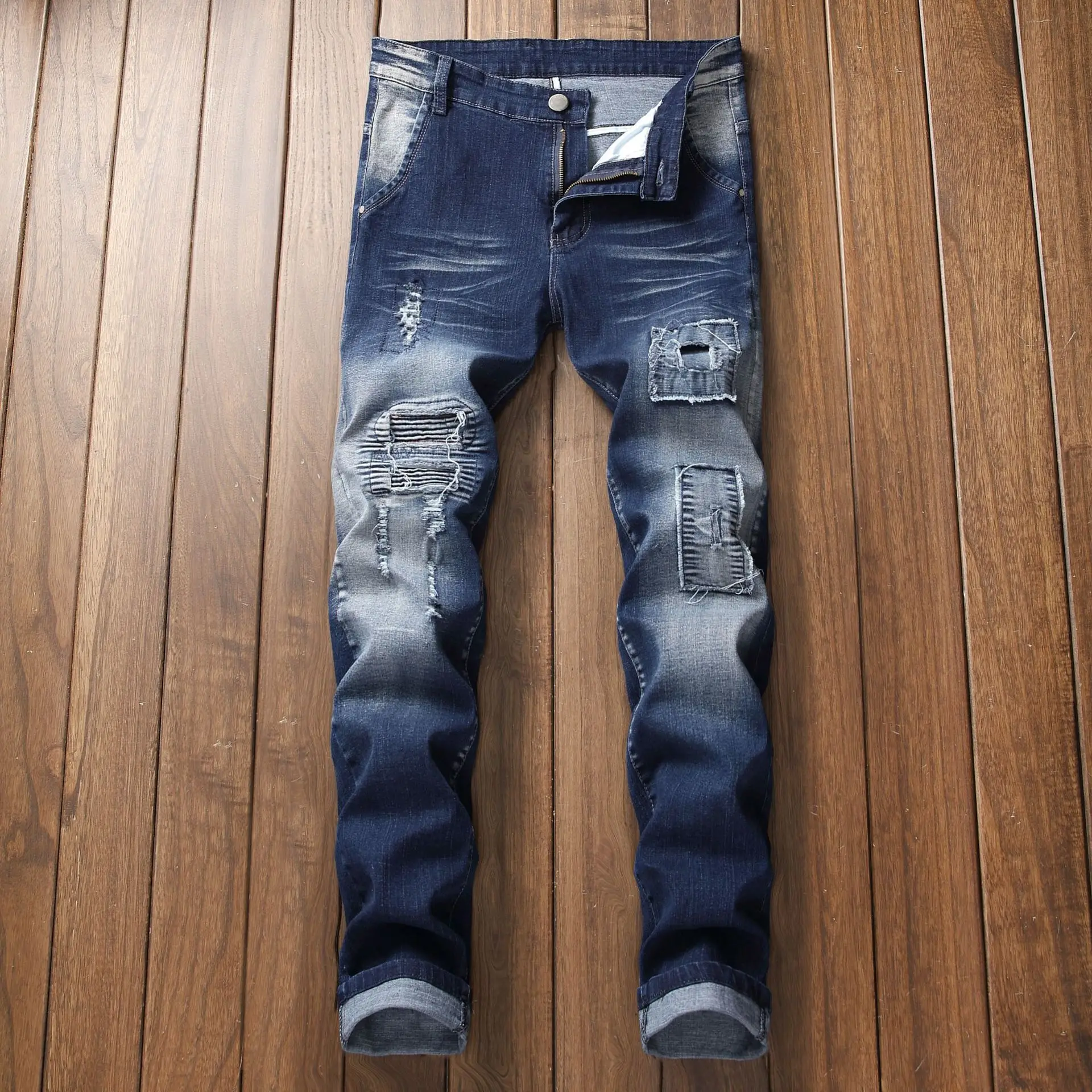 

2019 Men'S Wear with Holes Slim Fit Light Blue Jeans Double Color Locomotive Embroidery Cowboy Trousers