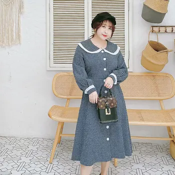 

Women's Spring Long French Eustoma Plaid Dress Plus Size Casual Cute High Waist Dress 100Kg can wear