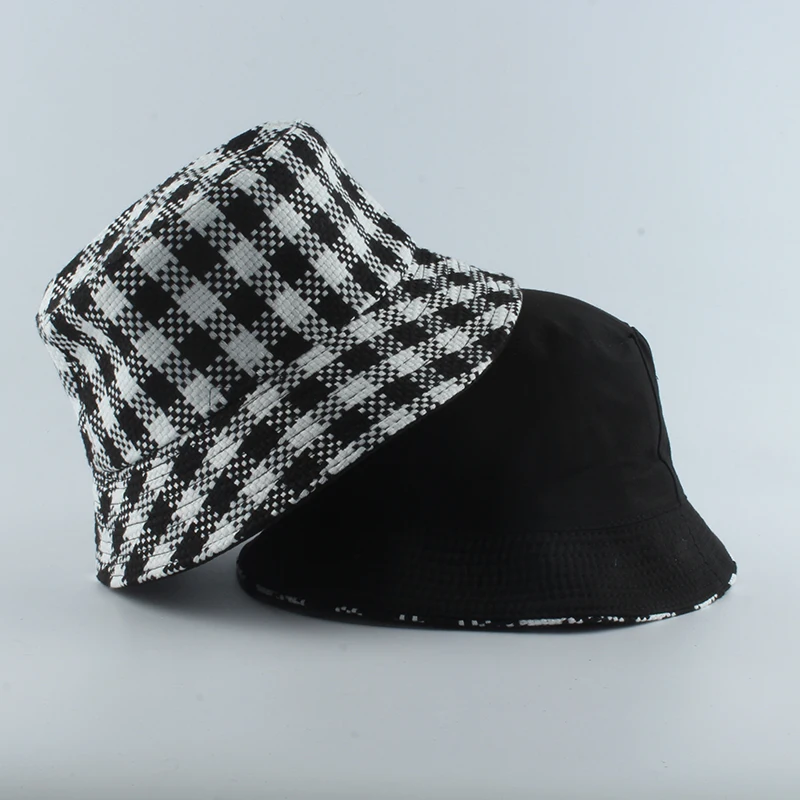 2020 New Brand Black White Plaid Check Bucket Hats Fishing Caps Women Mens Reversible Fisherman Hat