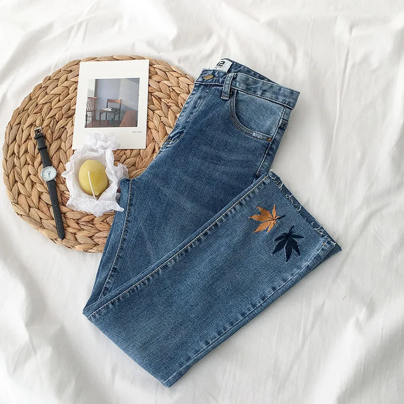 Дизайнерские Джинсы женские Осень Весна Винтаж в японском стиле дизайнерские винтажные женские джинсы с вышивкой листьев женские джинсы
