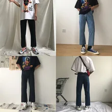 

Korean Style Cropped Straight Jeans Men Bell Bottom Jeans Black Denim Jeans for Men Trousers Spring and Summer Youthful Vitality