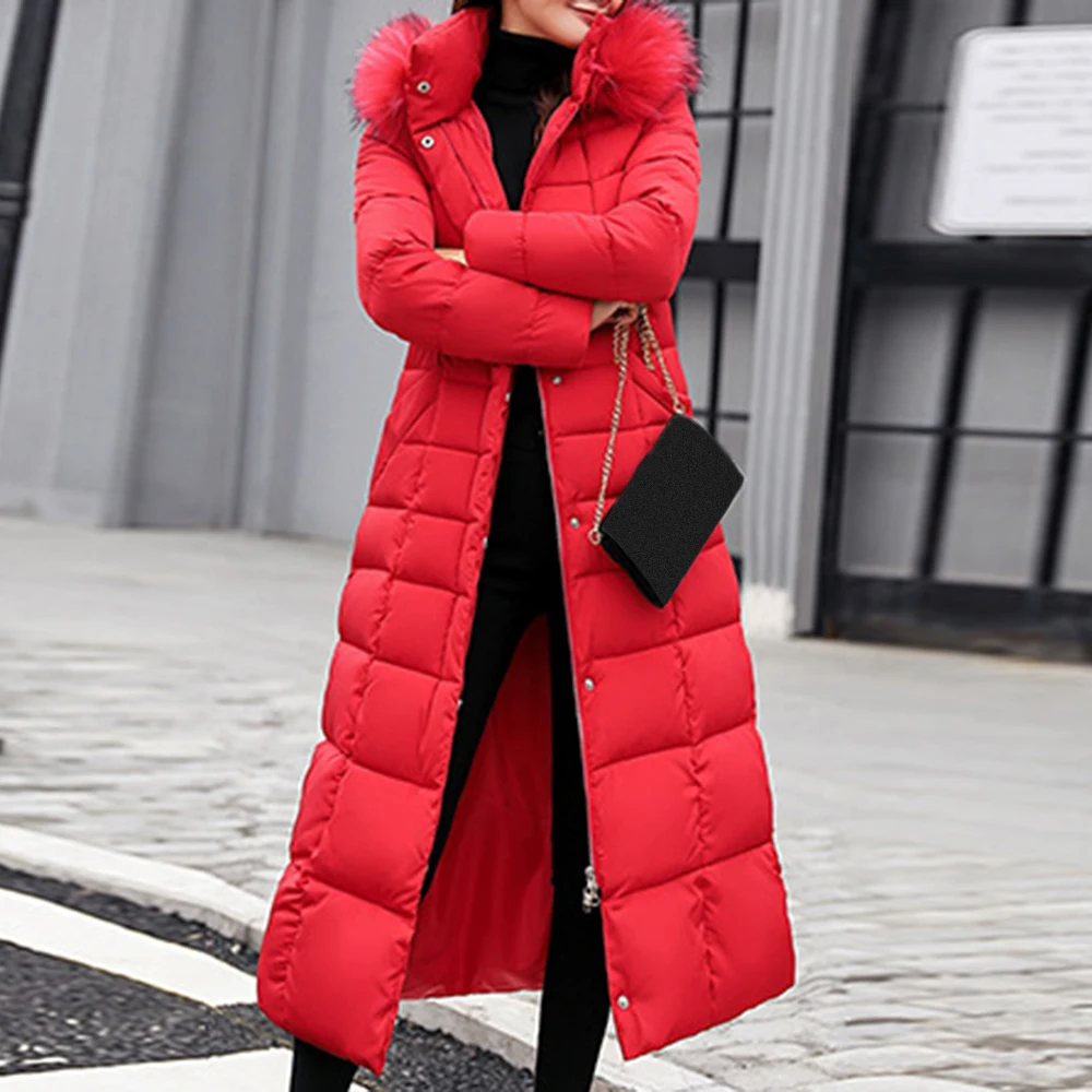 Длинное зимнее пальто, женские парки, тонкая Повседневная теплая куртка с капюшоном и меховым воротником, верхняя одежда, пальто, уличная одежда, Chaqueta Mujer Veste Femme - Цвет: red