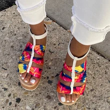 

Women Mixed Color Platform Sandals Female Tie Tye Buckle Wedges Summer Casual Shoes Ladies Fashion Footwear Plus Size 43