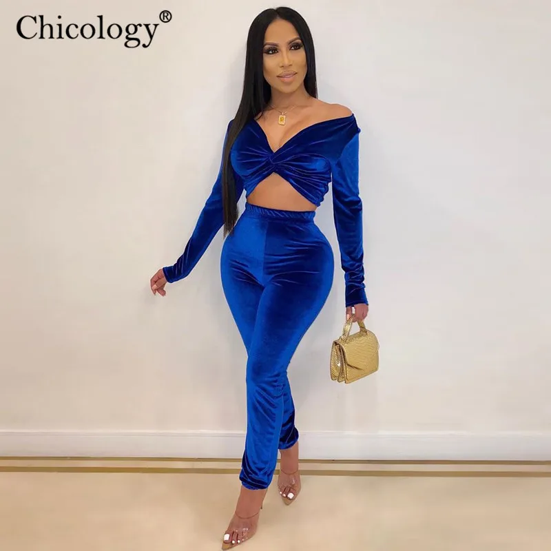 Chicology бархатное бархат неоновое 2 комплект из двух предметов в комплекте комплект набор женское Бандажное длинным рукавом Лонгслив кроп топ с высокой талией брючный брюки осень осеннее зимняя одежда