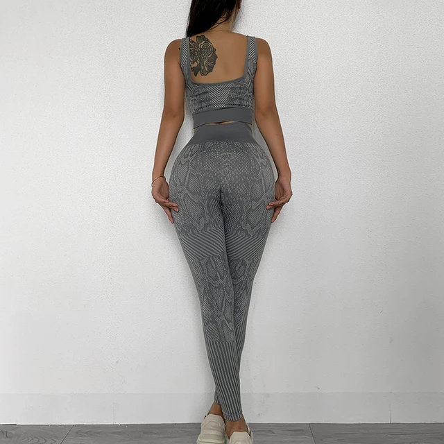 Snakeskin Women Yoga Sets Seamless Legging Fitness Suits 2 Pieces Sports Bras and Pants Gym Wear Running Clothing Wokout,ZF479 Gray Yoga Sets
