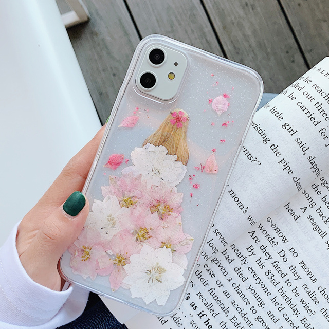 Glitter Real Dry Pressed Flower Phone Case For iphone 12 11 13 pro XS MAX x SE XR 7 8 plus Transparent Silicone Cover