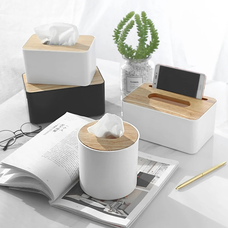 

Bamboo Wood Cover Plastic Tissue Box Napkin Holder Storage Organizer Fashion Tissue Holder Paper Box Case for Home Decoration