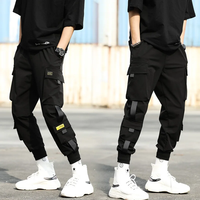 Mens Black Cargo Trousers Casual Hip Hop Harem Pencil Pants Long Sweatpants