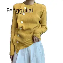 Vintage Slant Oblique Button Irregular Womens Cardigan Long Sleeve Autumn Winter Loose Sweater Cardigan Tops Trui Dames