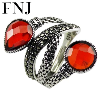 

FNJ MARCASITE Wrap Rings 925 Silver Adjustable Size Pure S925 Solid Silver Ring for Women Jewelry Fine Heart Round Red Zircon