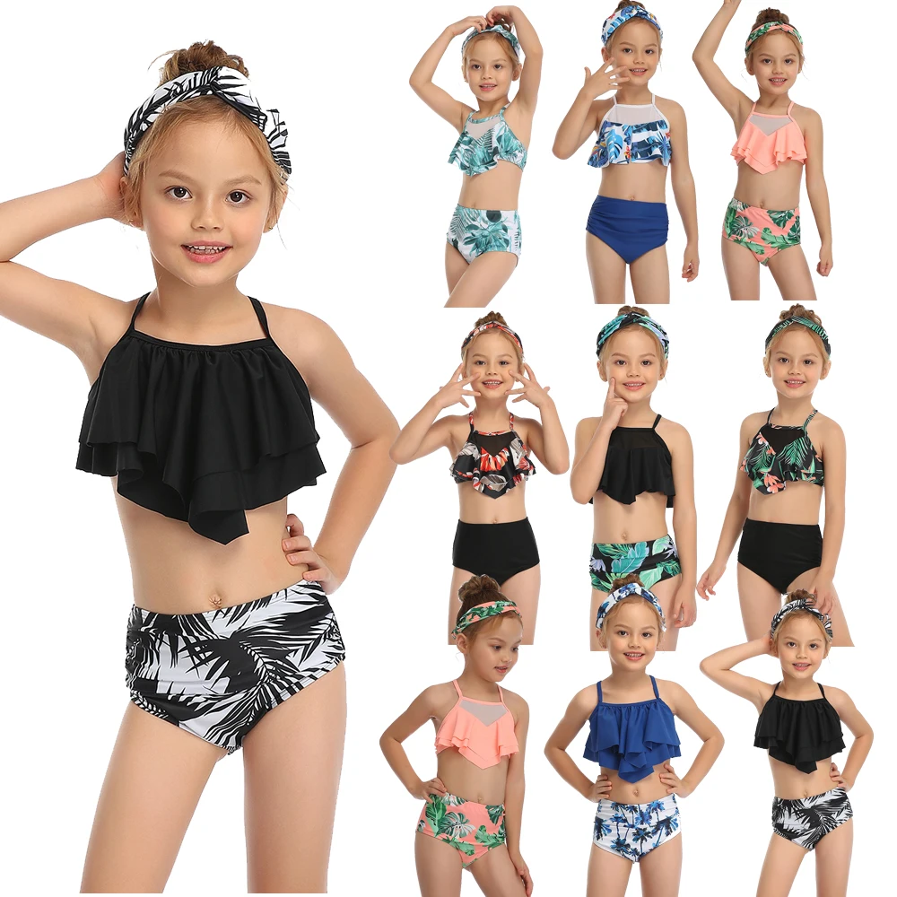 Bañador de dos piezas para niña, trajes de baño para niña, bikinis con volantes, conjuntos de Bikini de malla dividida, traje de baño de 2 a 14T, 2021