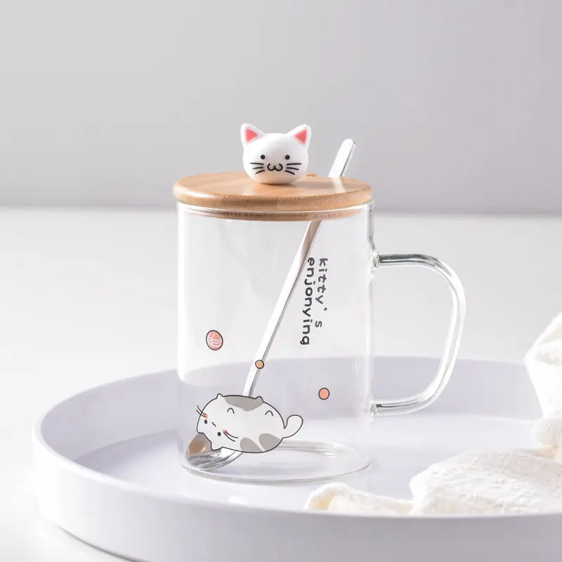 Cute Cat Mug Glass Mug with Spoon and Wood Lid