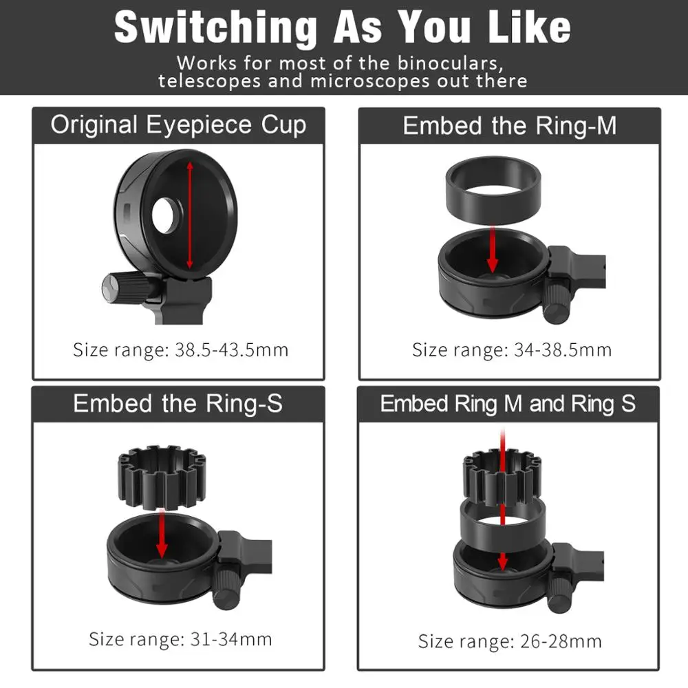 Universal Cell Phone Adapter Bracket Mount Support Eyepiece Dia 26-43.5mm for Binocular Monocular Spotting Scope Telescope 6