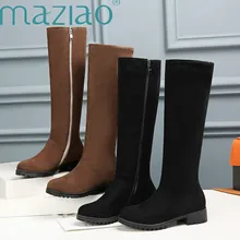 Простые женские сапоги; женская зимняя обувь; женские теплые зимние сапоги на меху; модные сапоги до колена на низком квадратном каблуке; черные сапоги; MAZIAO