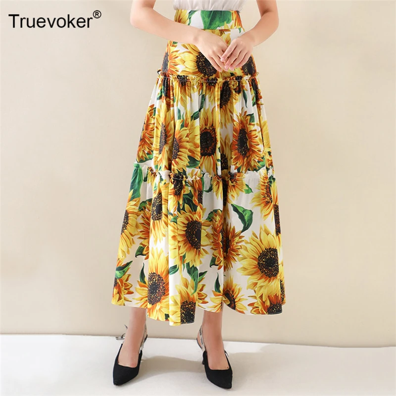 

Truevoker Runway Designer Midi Skirt Women's High Street Sunflower Printed Cotton Mid Calf Length Holiday Skirt