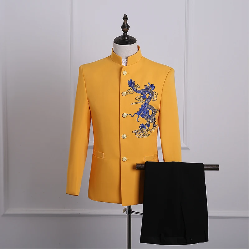 

New Men's Tunic Suit Chinese Style Stand-up Performance Chorus Stage Host Dress Embroidered Dragon Print Suit