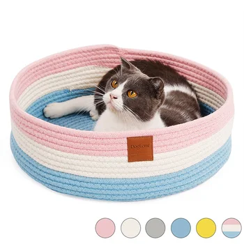 

Comfortable Breathable Cat Bed Cotton Rope Woven Round Cat Bed Basket Pet Sleeping Mat Portable Mini Cat House Nest