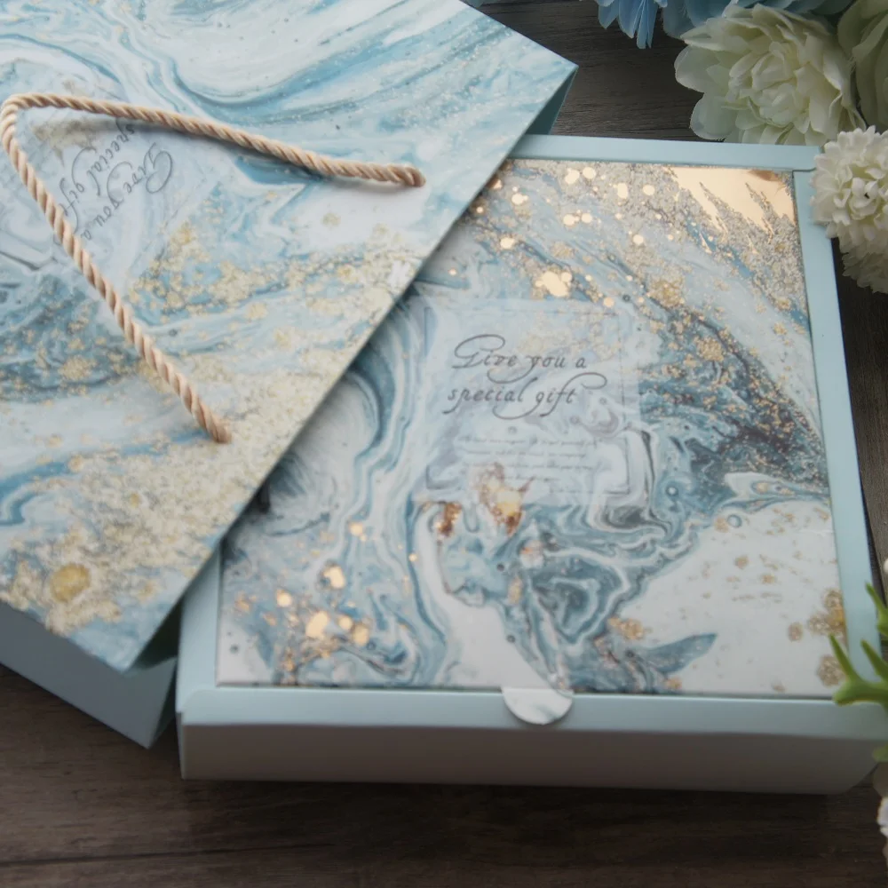 18*18*6 см 3 набора Золотой синий мрамор элегантная дизайнерская бумага коробка+ сумка как свадьба день рождения ручной работы подарочная упаковка «сделай сам» использования