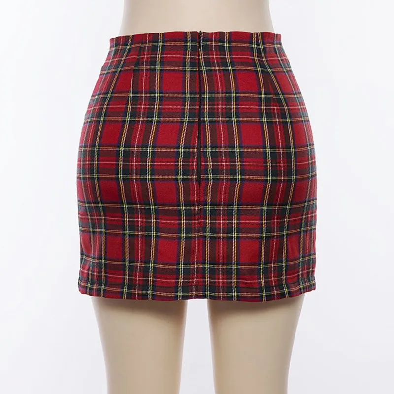 Summer Women's Fashion Design Elegant Classical Woven Plaid Print Mini Skirt Ladies High Waist Slit Body-con Pencil Skirt