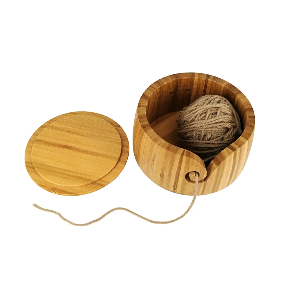 

Holes Swirl Needlework Non Slip Wooden Storage Home With Lid Knitting Tool Yarn Bowl Holder Organizer Smooth Crochet