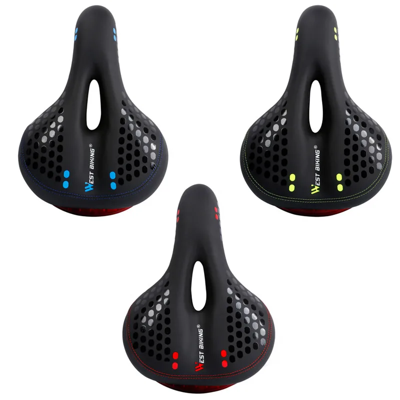 WEST BIKING Bicycle Saddle with Tail Light Thicken Widen MTB Bike Saddles Soft Comfortable Bike Hollow Cycling Bicycle Saddle
