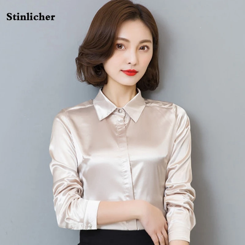 Stinlicher атласная шелковая рубашка женская весна осень длинный рукав элегантная рабочая одежда топы корейская мода Белый Синий Черный блузка рубашка
