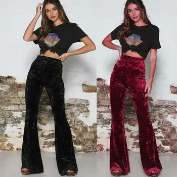 

Womens High Waist Gold Velvet Bell Bottom Ladies Stretch Wide Leg Pants Trousers