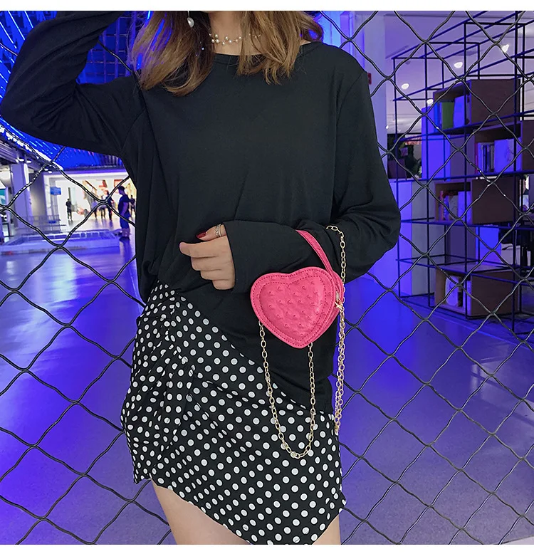 

Mini New Summer 2019 Ostrich-print Hand-held Heart-shaped Bag Chain Single Shoulder Slant Bag