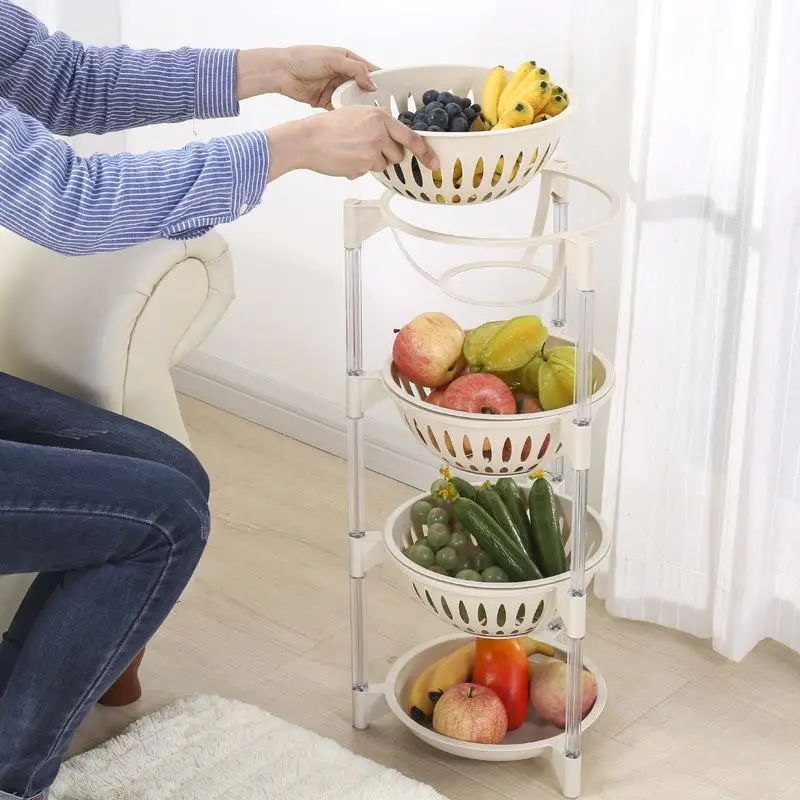 4 Layer Plastic Kitchen Shelf Storage Basket Fruit Snacks Vegetable Storage Basket Detachable Kitchen Floor Standing Rack