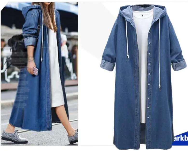Femael Fashion Loose Long Sleeve Hooded Denim Jacket Coat Ladies Casual Buttons Long Jean Coat Cardigan Outwear Tops