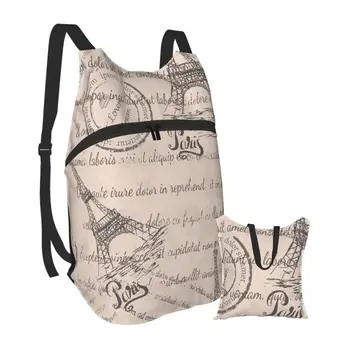 

Waterproof Folding Backpack Travel Trekking Bag Vintage Eiffel Tower Lettering Paris Stamps Outdoor Sport Foldable Storage Bags