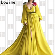 Модное дизайнерское желтое мусульманское вечернее платье длинное арабское платье на выпускной с глубоким v-образным вырезом с поясом турецкое платье