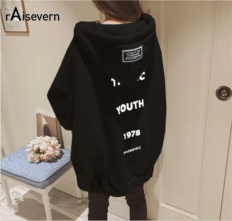 Kopen Raisevern Nieuwe Vrouwen Dikke Hoodie TRAGISCHE JEUGD Brief Afdrukken Jas Womens Fashion Rits Jas Losse Oversized Hooded Tops Dropship