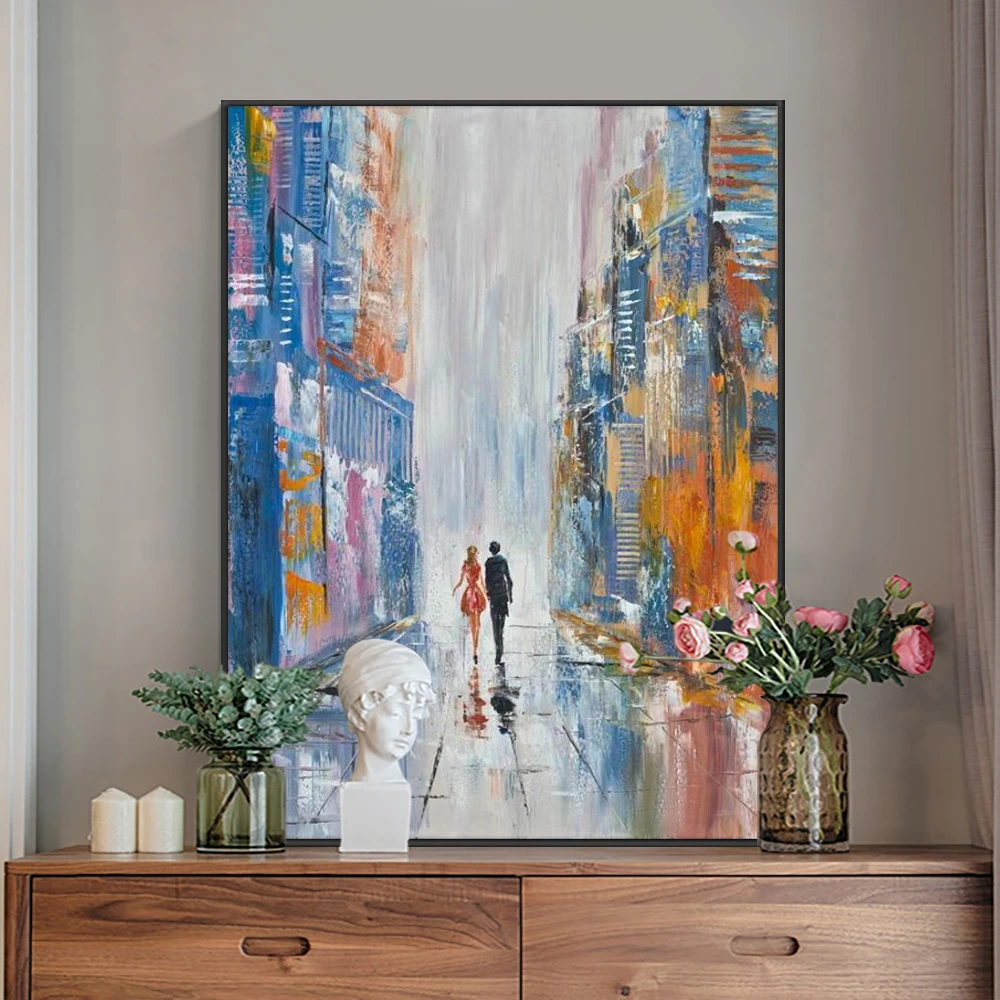 

100% Hand Painted Oil Painting On Canvas Blue With Orange Building Painting Modern Figure Wall Art For Living Room Decoration