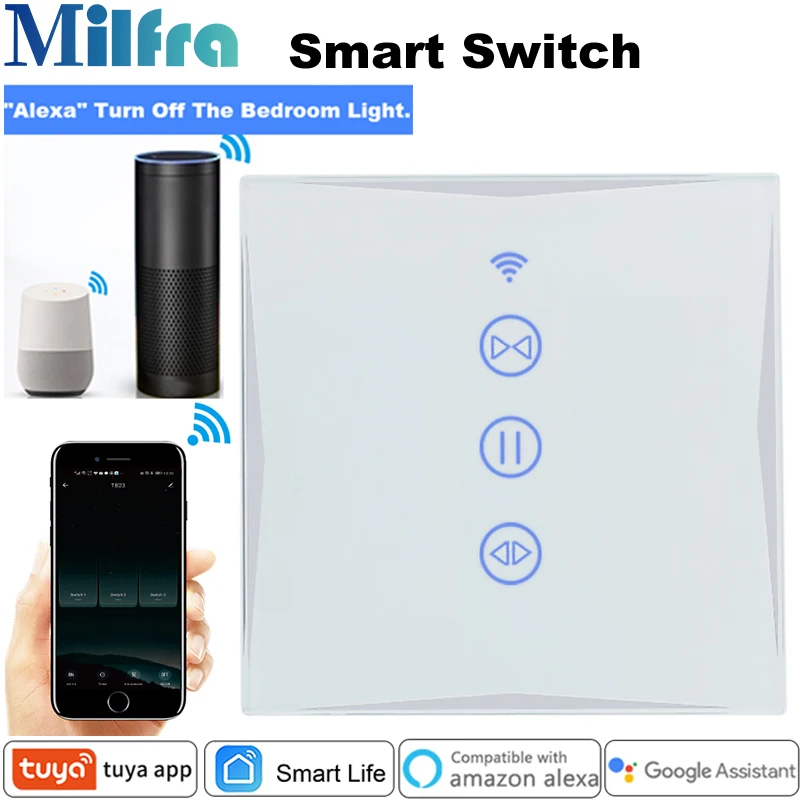 

Milfra Wifi Smart Curtain Switch Voice Touch Cellphone Control Europe 86mm Switch for Google Assistant Alexa Tuya Smart Life App