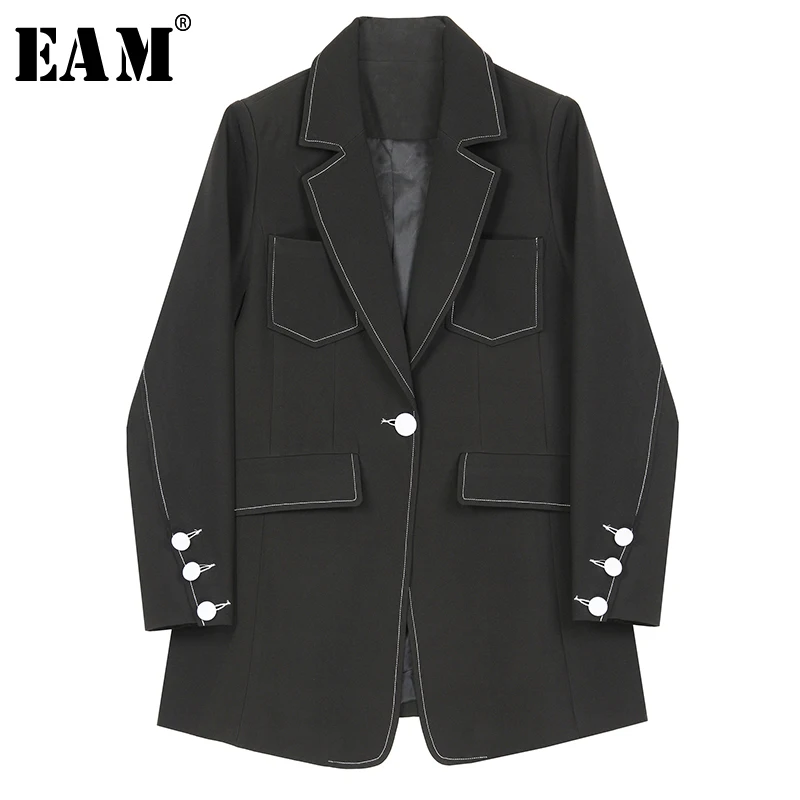 

[EAM] Women Single Button Split Temperament Blazer New Lapel Long Sleeve Loose Fit Jacket Fashion Spring Autumn 2020 1R915