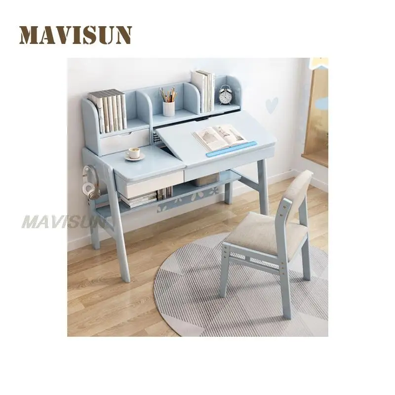Children's Solid Wood Desk Primary School Pupils Study Pink Desk Girl Loves Home Reading With Bookshelf One Table