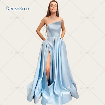 

Blue Strapless Prom Dresses With Pockets Side Split Floor Length A-Line Formal Evening Dresses Zipper Up Back Satin Party Gowns