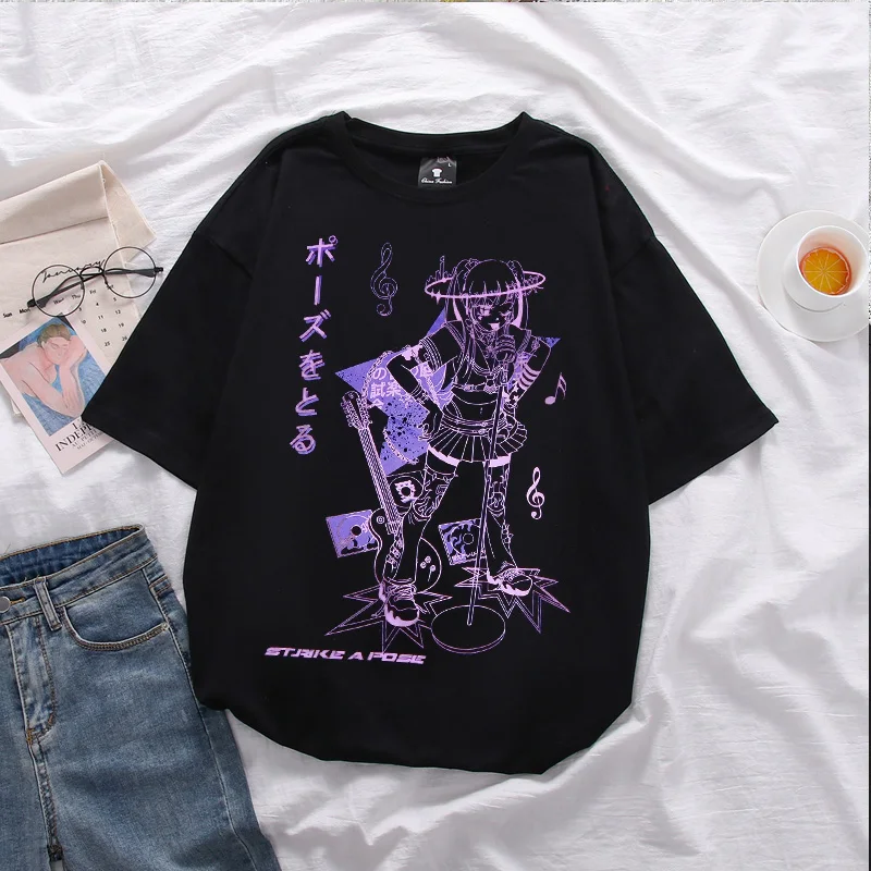 Y2k Kawaii Harajuku аниме музыкальная девушка принт черная укороченная женская футболка