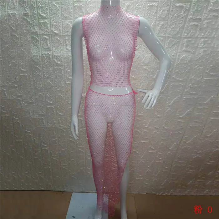 Pink O Neck Блестящая клетчатая одежда со стразами; комплект из 2 предметов; сетчатый топ; пикантная трикотажная юбка-карандаш; женские комплекты одежды; пляжная одежда - Цвет: Pink O Neck