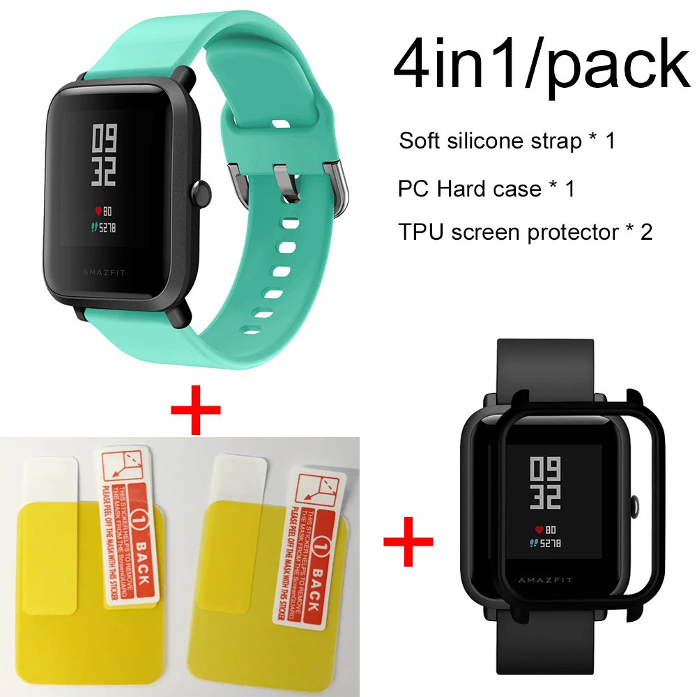 4в1 силиконовый ремешок спортивный браслет чехол для Xiaomi Huami Amazfit Bip BIT умные часы аксессуары - Цвет: Mint Green-black