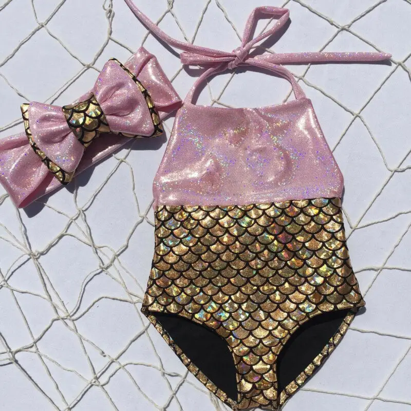 Kids Baby Girl Mermaid Swimwear One-piece Bow Bikini Swimsuit Headband Bathing Suit Beachwear Swimming Costume