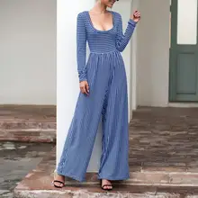 Striped Rompers Womens Jumpsuit Long Sleeve U-Neck Hight Waist Wide Leg Playsuit Overalls Ropa Mujer 2020 Autumn Spring New Hot