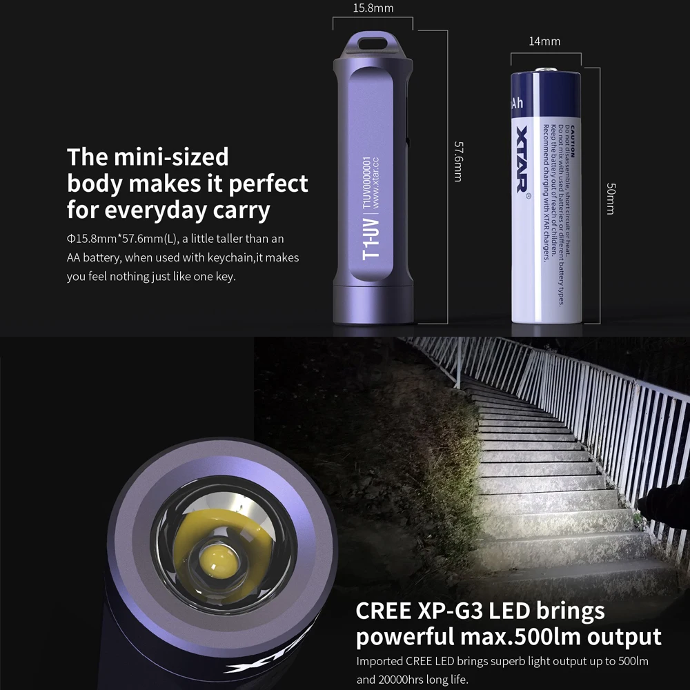 XTAR UV Flashlight T1-UV LED Lamp Ultraviolet Torch Mini UV Light Pet Urine Stains Detector Light For Marker Checker Detection