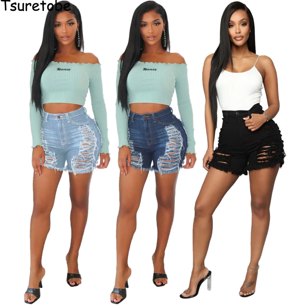 Ripped Jean Shorts Women Denim Holes 