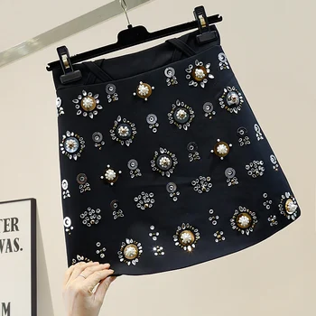 

Heavy Industry Rhinestone Fashion Beaded Sequined Flower Skirt Women's Korean Style A- Line Slim-Fit Skirt Ladies Mini Skirts