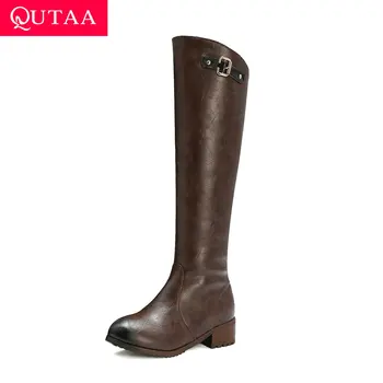 

QUTAA 2021 Western Style Zipper Ladies Pumps Square Med Heel Concise Women Shoes PU Leather Fashion Knee High Boots Size 34-43