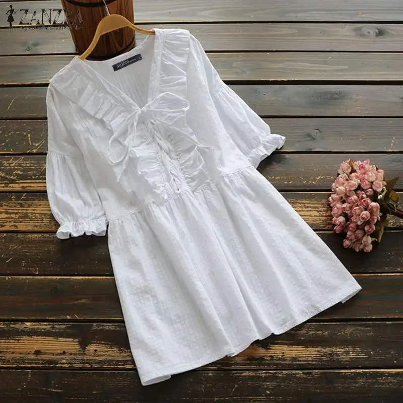 

ZANZEA Women Ruffles Shirt Autumn Vintage V Neck Half Sleeve Blouse Femininas Blusas Robe Chemise Solid Cotton Linen Tunic Tops
