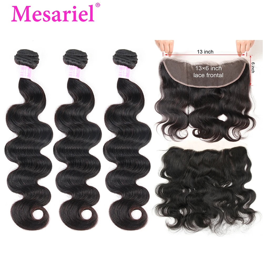 

Mesariel Brazilian Body Wave Hair Bundles With Frontal Closure Remy Human Hair 3 Bundles With 13x6 Free Part Lace Frontal M